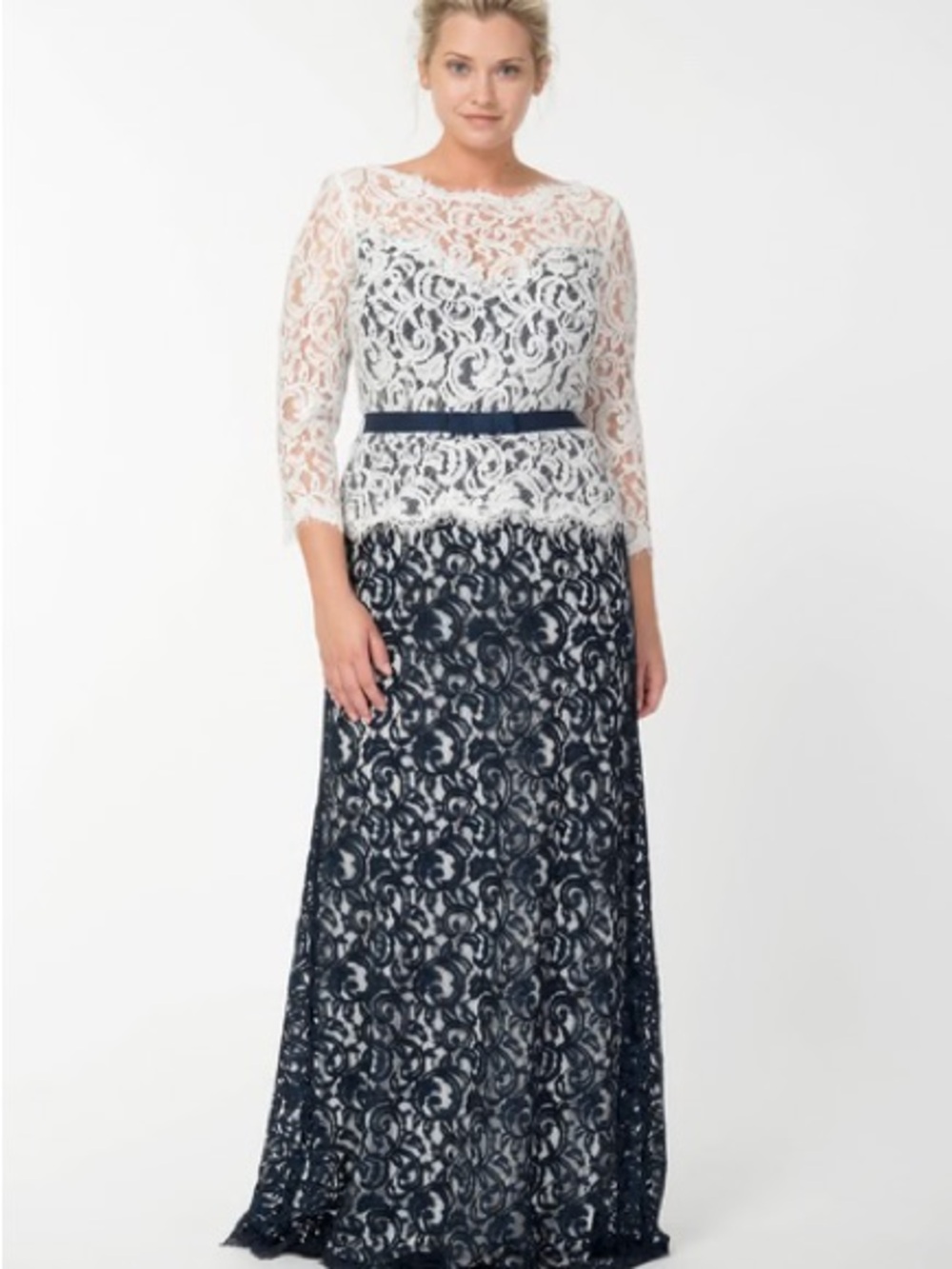 Tadashi Shoji Navy and White Lace Maxi Gown with Slim Belt